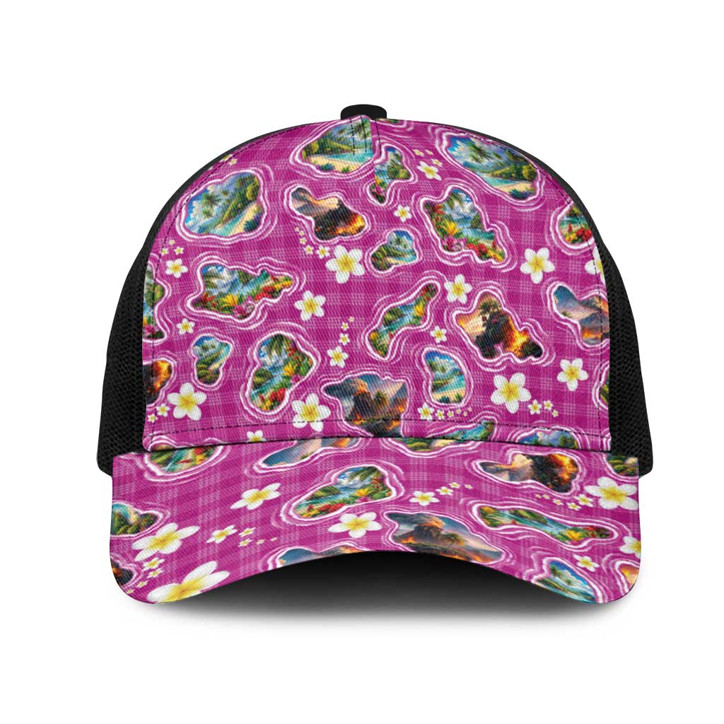 Hawaiian Island Shapes-Iconic Landscape Mesh Trucker Cap with Plumeria and Palaka Pink Color