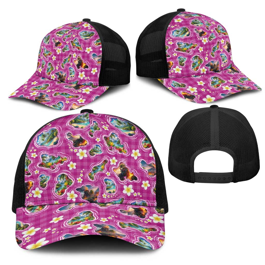Hawaiian Island Shapes-Iconic Landscape Mesh Trucker Cap with Plumeria and Palaka Pink Color