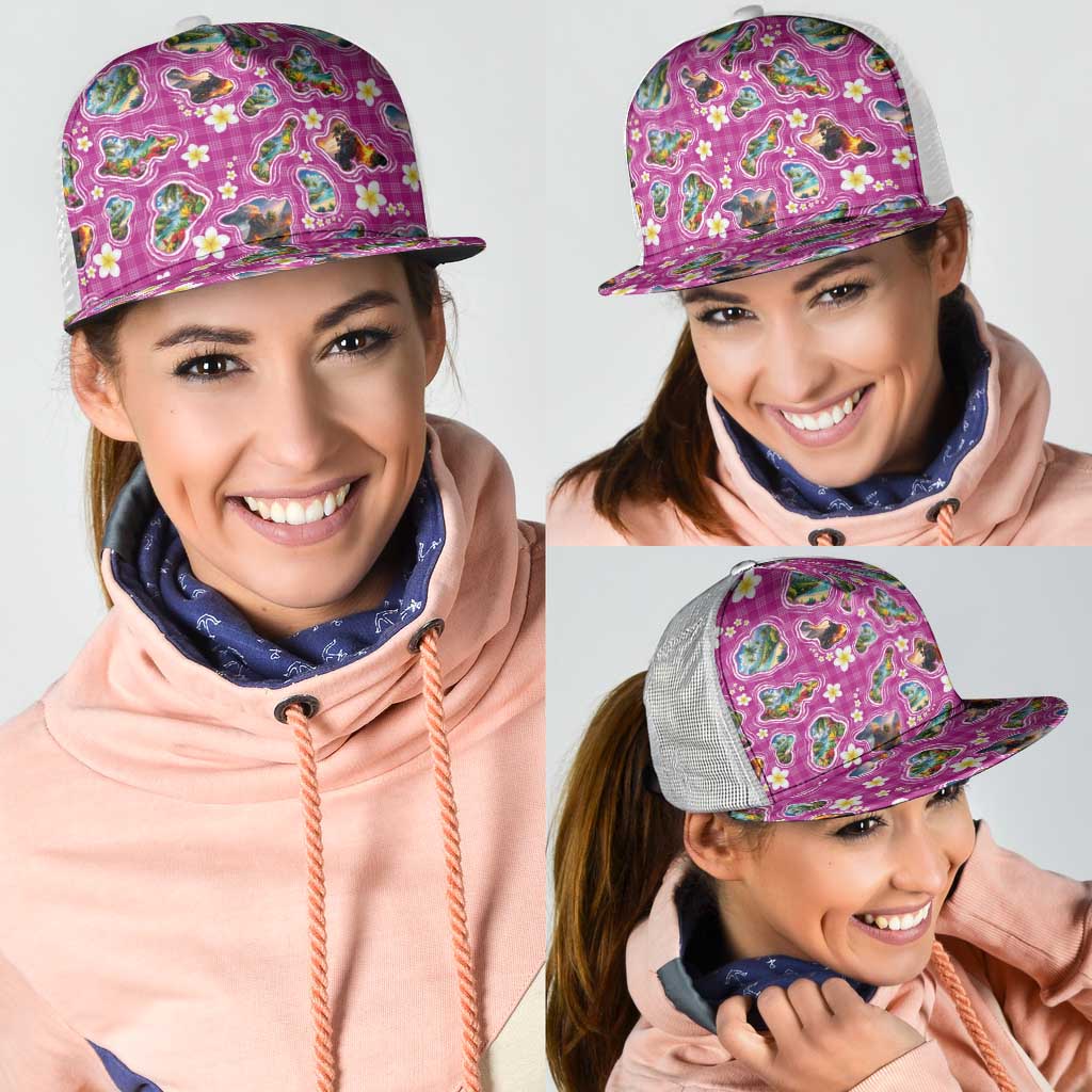Hawaiian Island Shapes-Iconic Landscape Mesh Trucker Cap with Plumeria and Palaka Pink Color