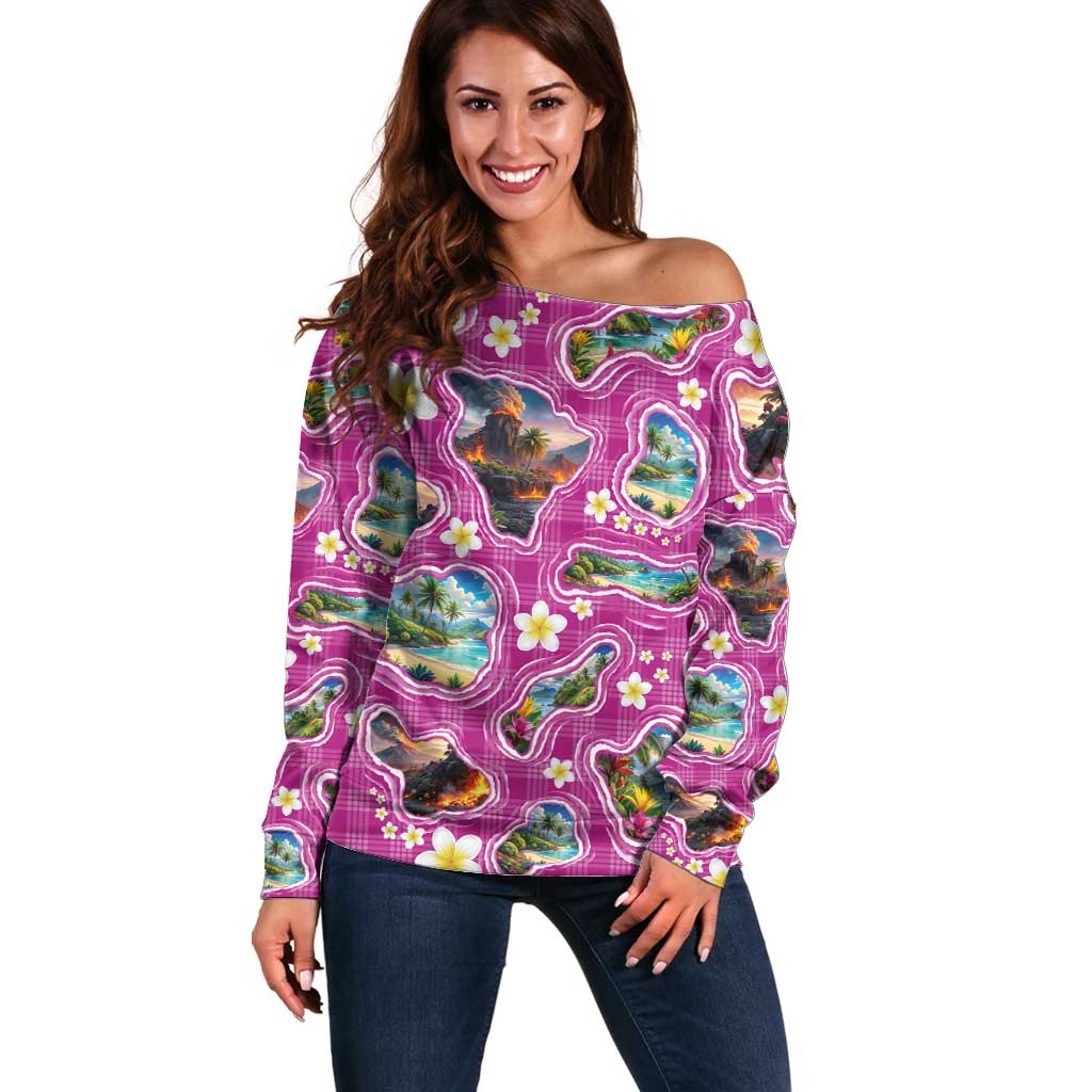 Hawaiian Island Shapes-Iconic Landscape Off Shoulder Sweater with Plumeria and Palaka Pink Color LT03 Women Pink - Polynesian Pride