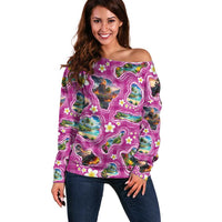 Hawaiian Island Shapes-Iconic Landscape Off Shoulder Sweater with Plumeria and Palaka Pink Color LT03 Women Pink - Polynesian Pride