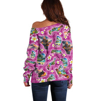 Hawaiian Island Shapes-Iconic Landscape Off Shoulder Sweater with Plumeria and Palaka Pink Color LT03 - Polynesian Pride