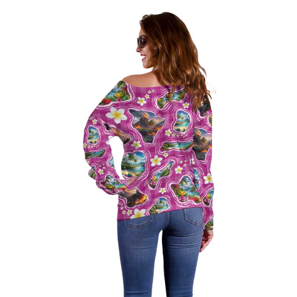 Hawaiian Island Shapes-Iconic Landscape Off Shoulder Sweater with Plumeria and Palaka Pink Color LT03 - Polynesian Pride