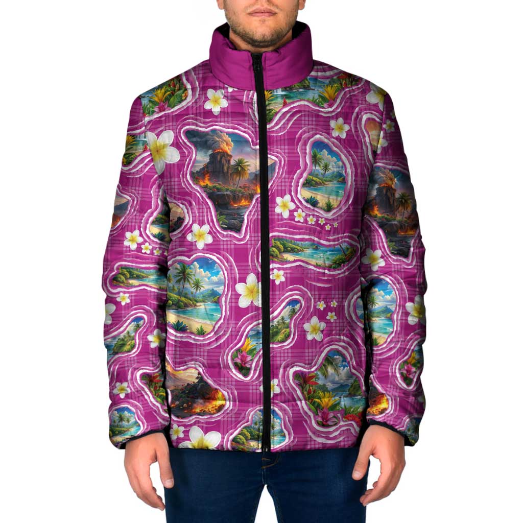 Hawaiian Island Shapes-Iconic Landscape Padded Jacket with Plumeria and Palaka Pink Color