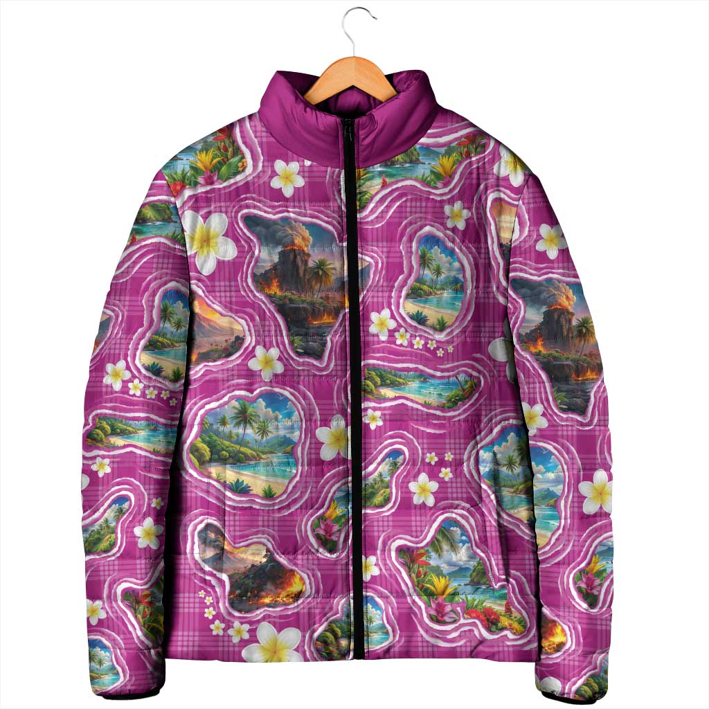 Hawaiian Island Shapes-Iconic Landscape Padded Jacket with Plumeria and Palaka Pink Color