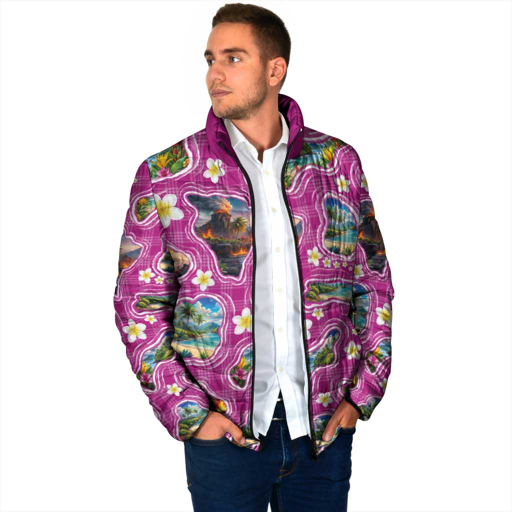 Hawaiian Island Shapes-Iconic Landscape Padded Jacket with Plumeria and Palaka Pink Color