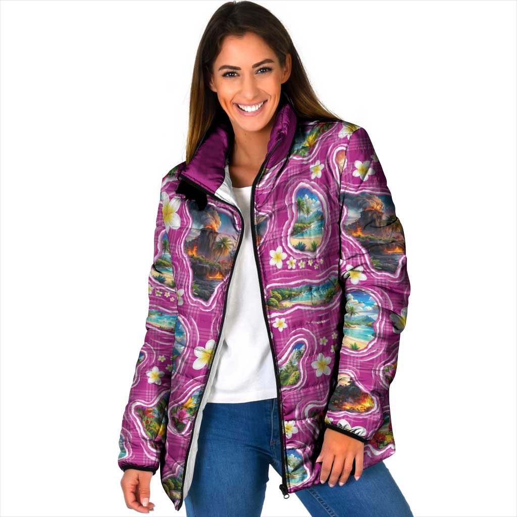 Hawaiian Island Shapes-Iconic Landscape Padded Jacket with Plumeria and Palaka Pink Color
