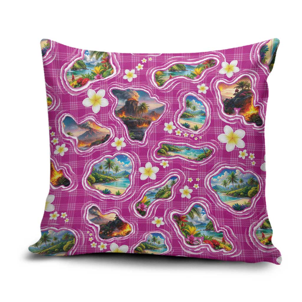 Hawaiian Island Shapes-Iconic Landscape Pillow Cover with Plumeria and Palaka Pink Color LT03 Pink - Polynesian Pride