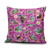 Hawaiian Island Shapes-Iconic Landscape Pillow Cover with Plumeria and Palaka Pink Color LT03 Pink - Polynesian Pride
