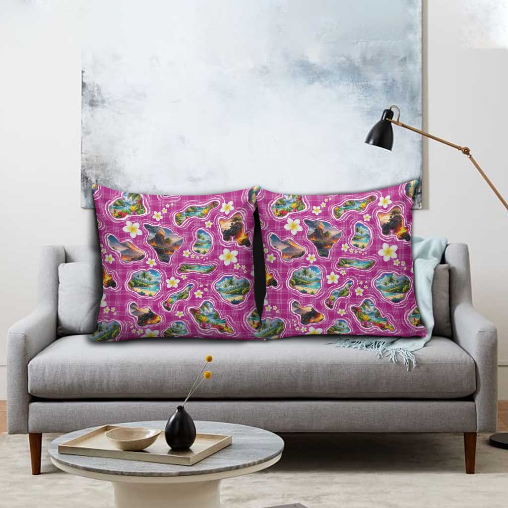 Hawaiian Island Shapes-Iconic Landscape Pillow Cover with Plumeria and Palaka Pink Color LT03 - Polynesian Pride