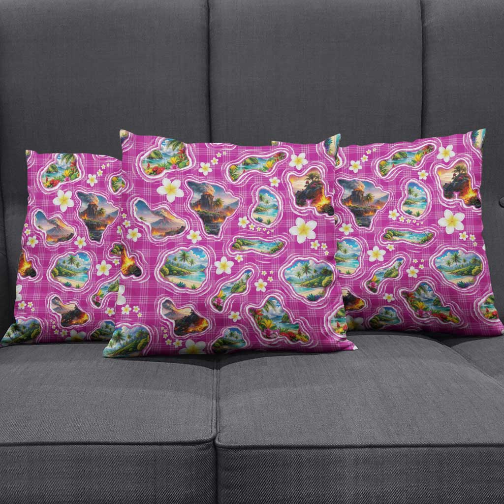 Hawaiian Island Shapes-Iconic Landscape Pillow Cover with Plumeria and Palaka Pink Color LT03 - Polynesian Pride