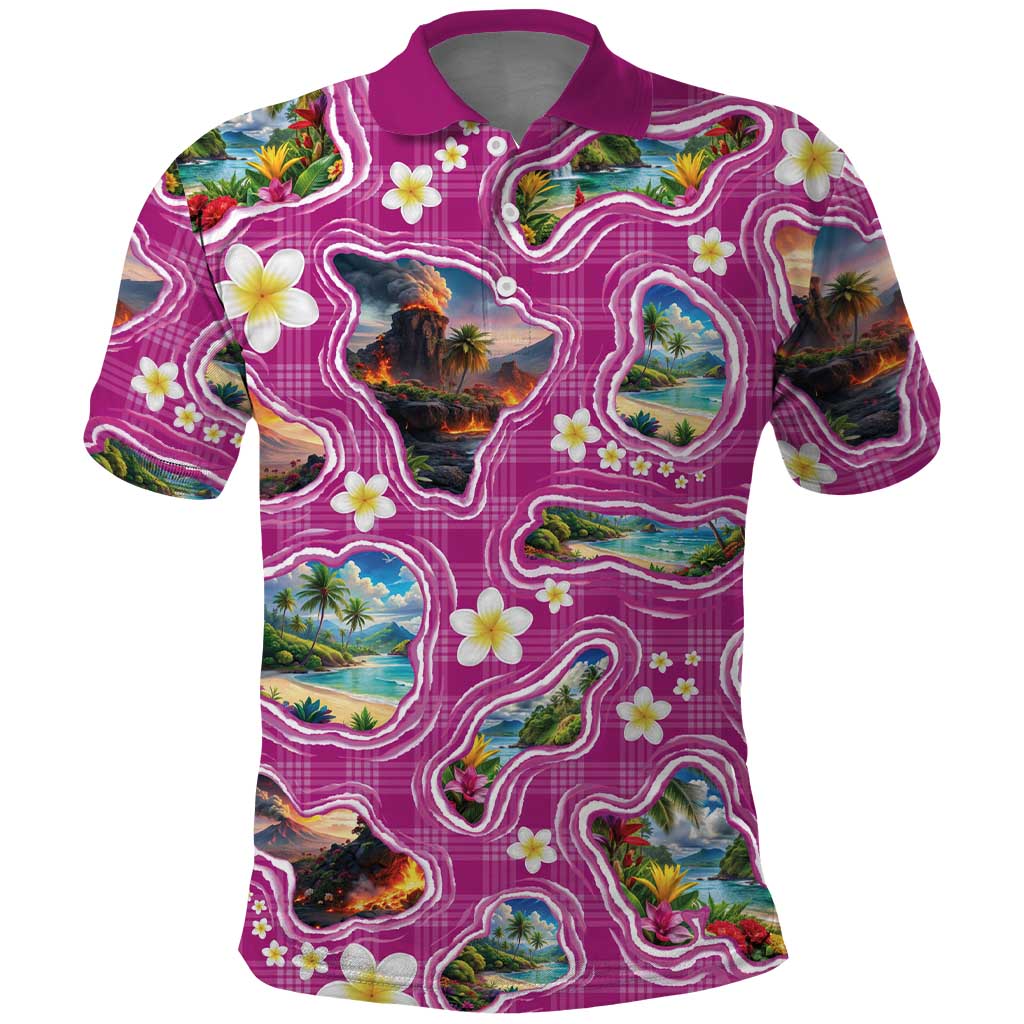 Hawaiian Island Shapes-Iconic Landscape Polo Shirt with Plumeria and Palaka Pink Color LT03 Pink - Polynesian Pride