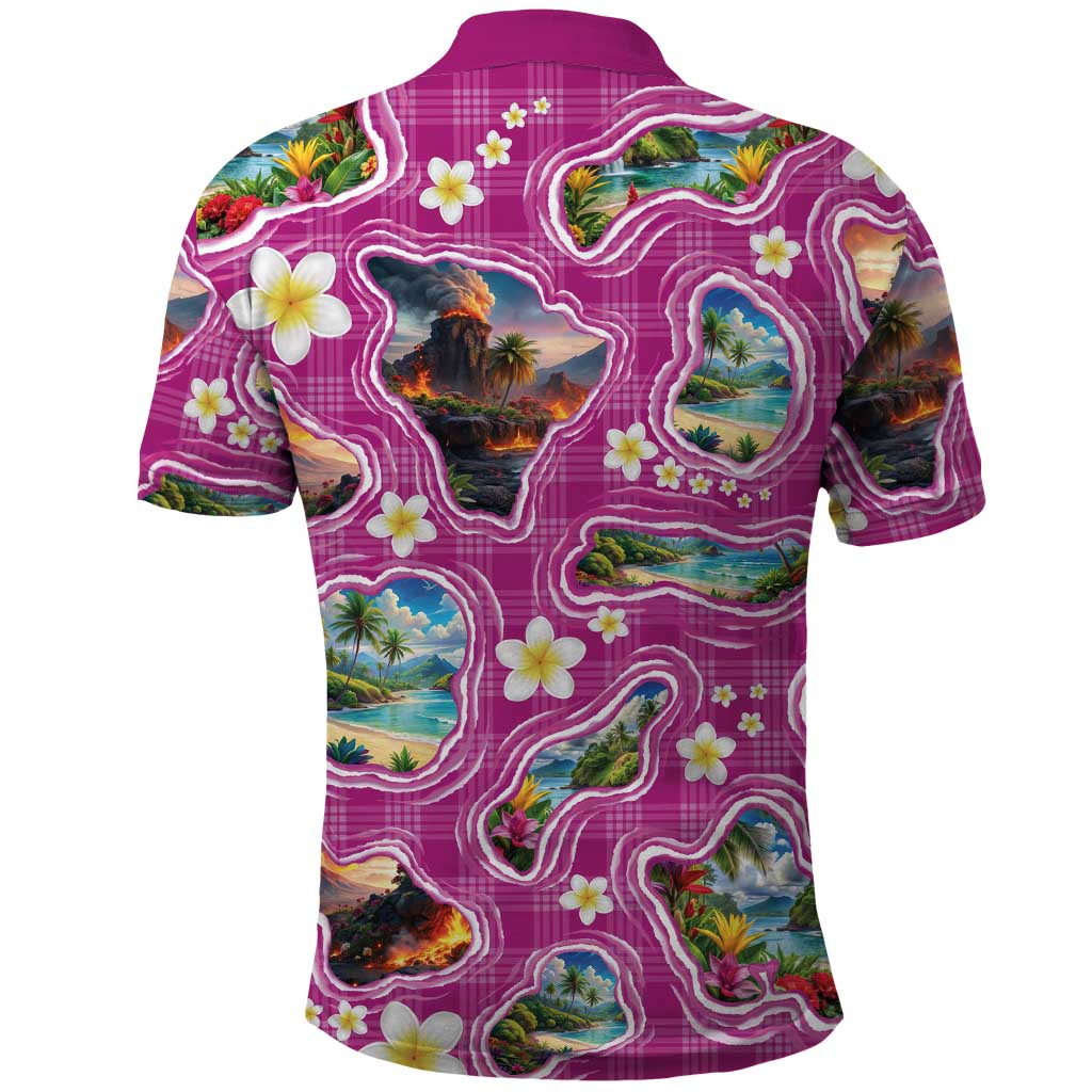 Hawaiian Island Shapes-Iconic Landscape Polo Shirt with Plumeria and Palaka Pink Color LT03 - Polynesian Pride