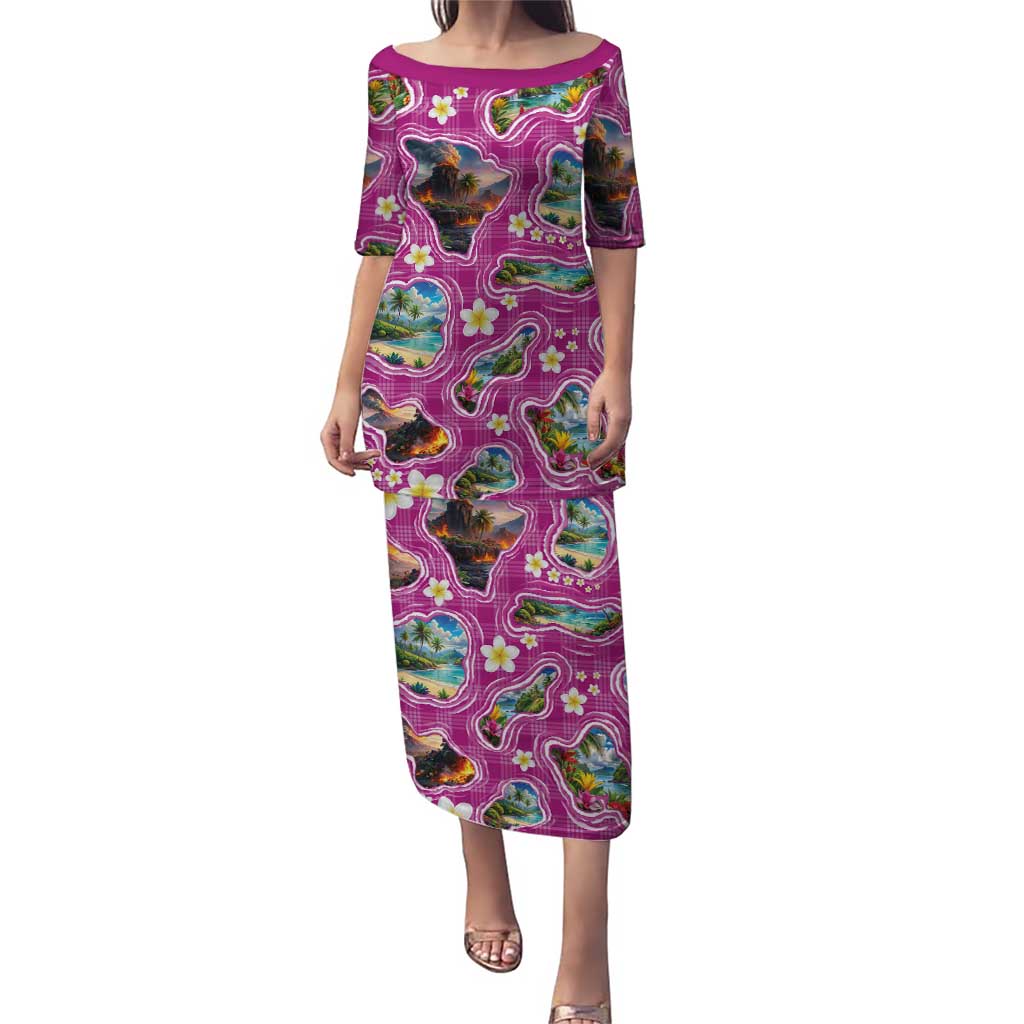 Hawaiian Island Shapes-Iconic Landscape Puletasi with Plumeria and Palaka Pink Color LT03 Long Dress Pink - Polynesian Pride
