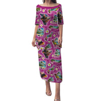 Hawaiian Island Shapes-Iconic Landscape Puletasi with Plumeria and Palaka Pink Color LT03 Long Dress Pink - Polynesian Pride