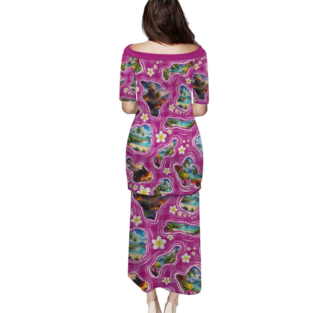 Hawaiian Island Shapes-Iconic Landscape Puletasi with Plumeria and Palaka Pink Color LT03 - Polynesian Pride