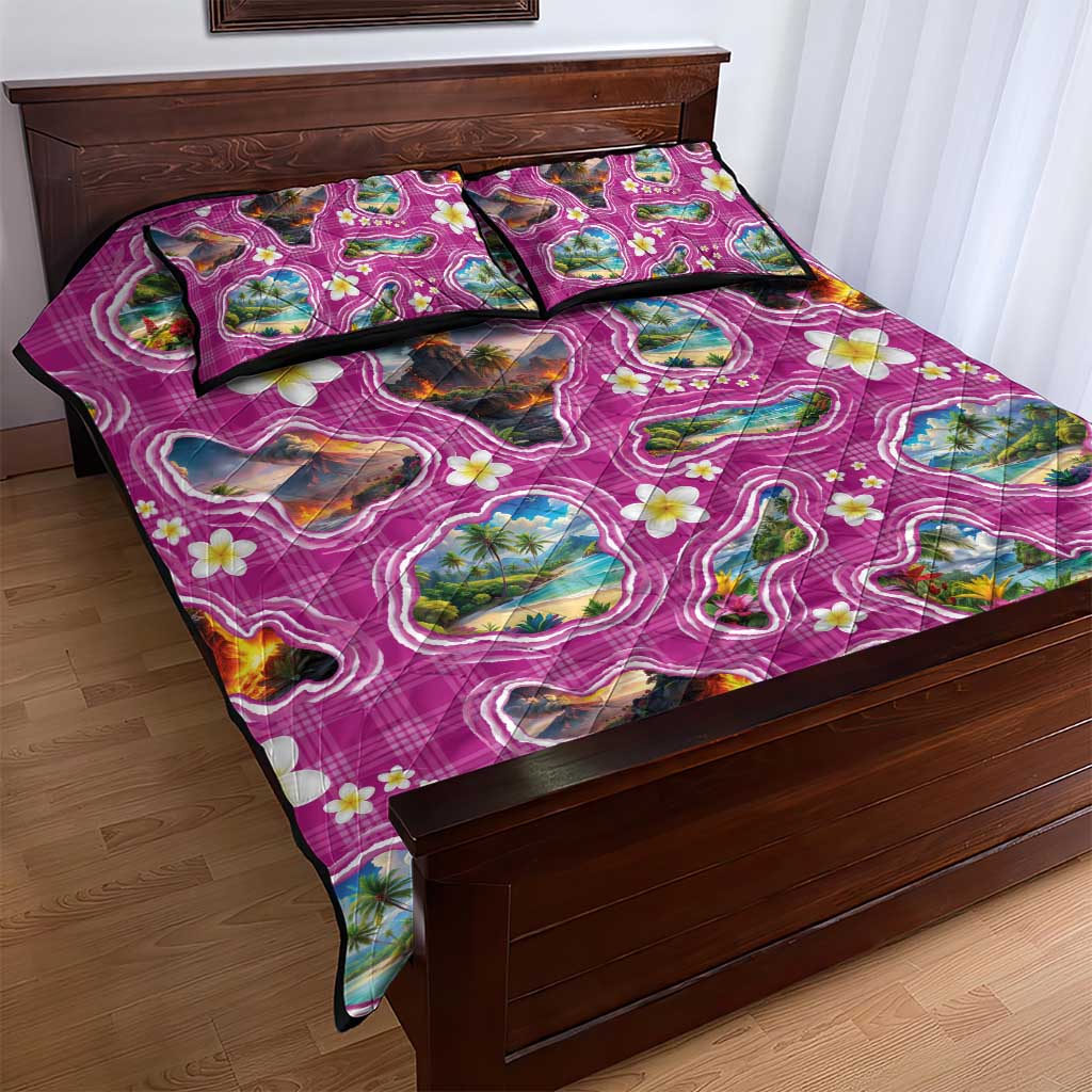 Hawaiian Island Shapes-Iconic Landscape Quilt Bed Set with Plumeria and Palaka Pink Color