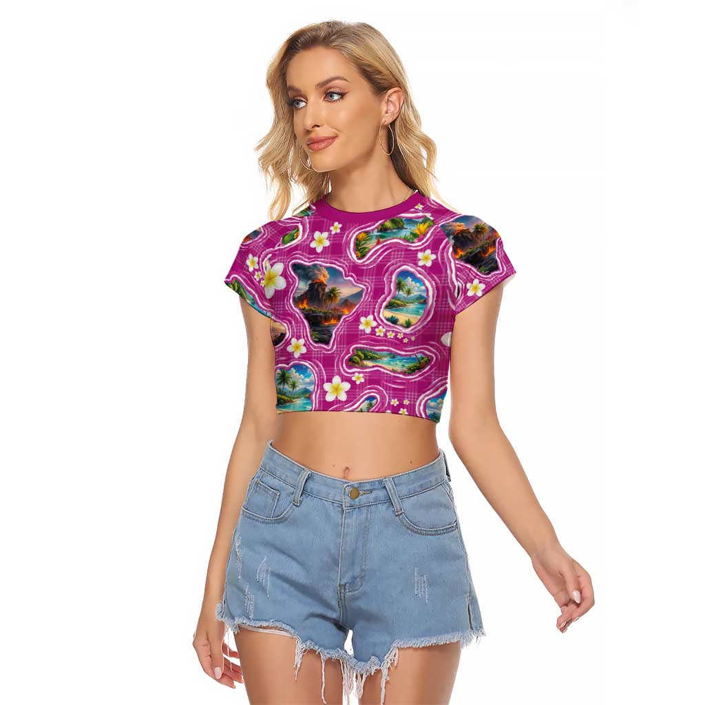 Hawaiian Island Shapes-Iconic Landscape Raglan Cropped T Shirt with Plumeria and Palaka Pink Color
