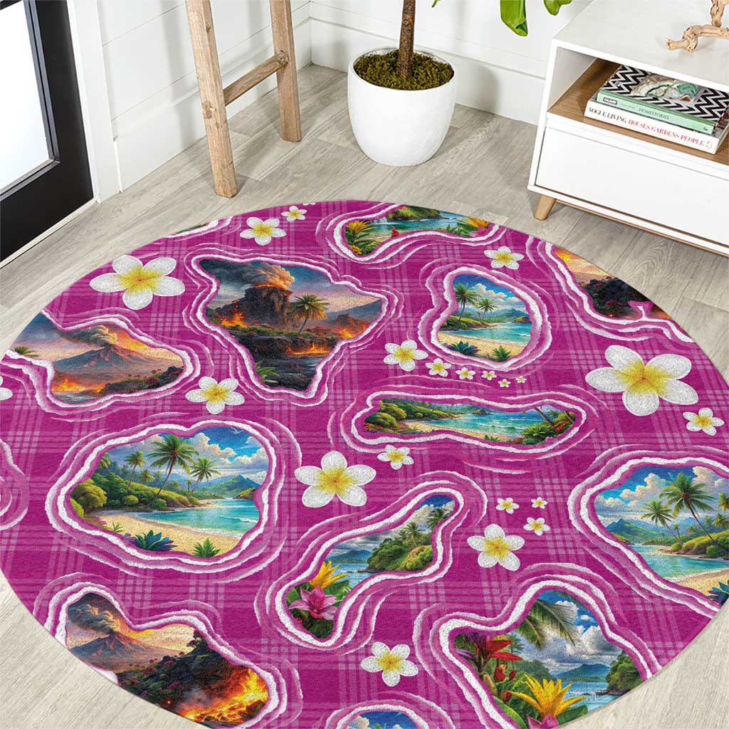 Hawaiian Island Shapes-Iconic Landscape Round Carpet with Plumeria and Palaka Pink Color LT03 Pink - Polynesian Pride