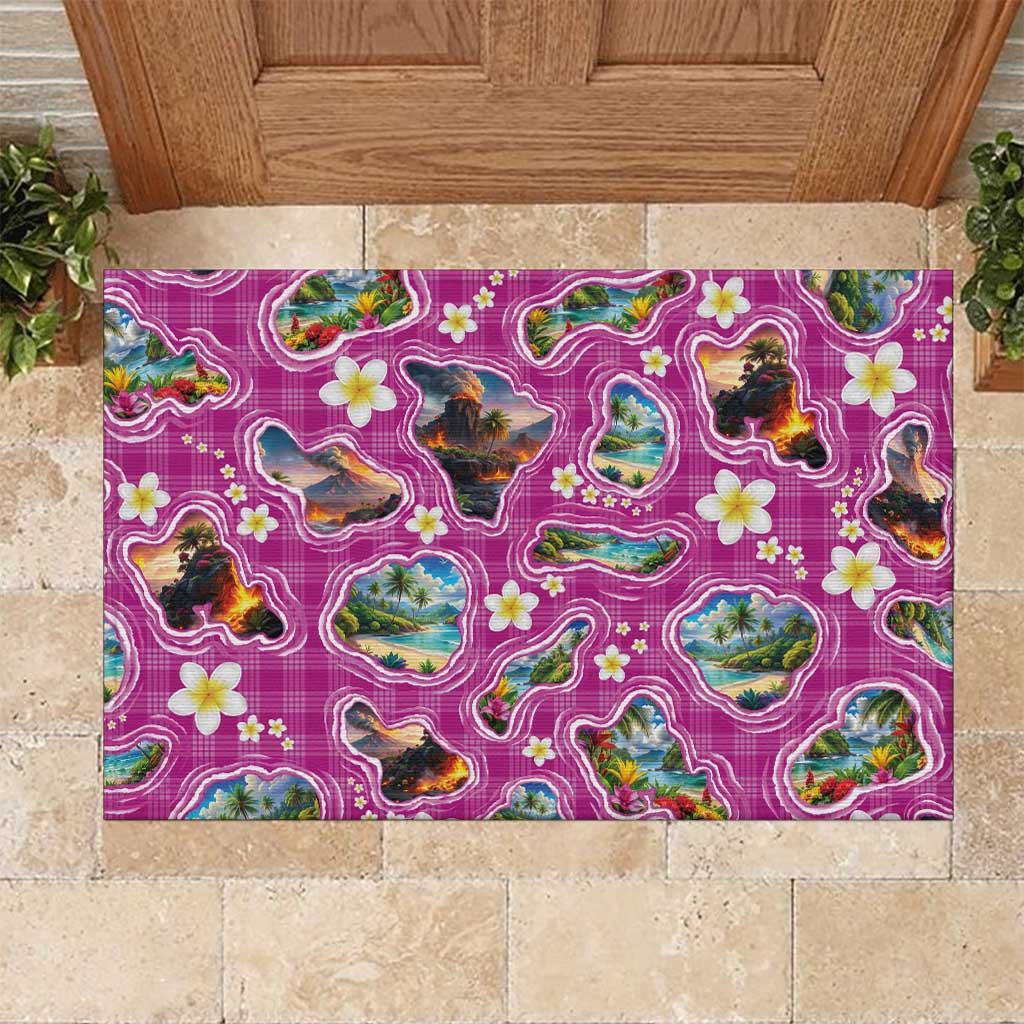 Hawaiian Island Shapes-Iconic Landscape Rubber Doormat with Plumeria and Palaka Pink Color