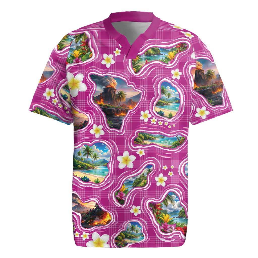 Hawaiian Island Shapes-Iconic Landscape Rugby Jersey with Plumeria and Palaka Pink Color