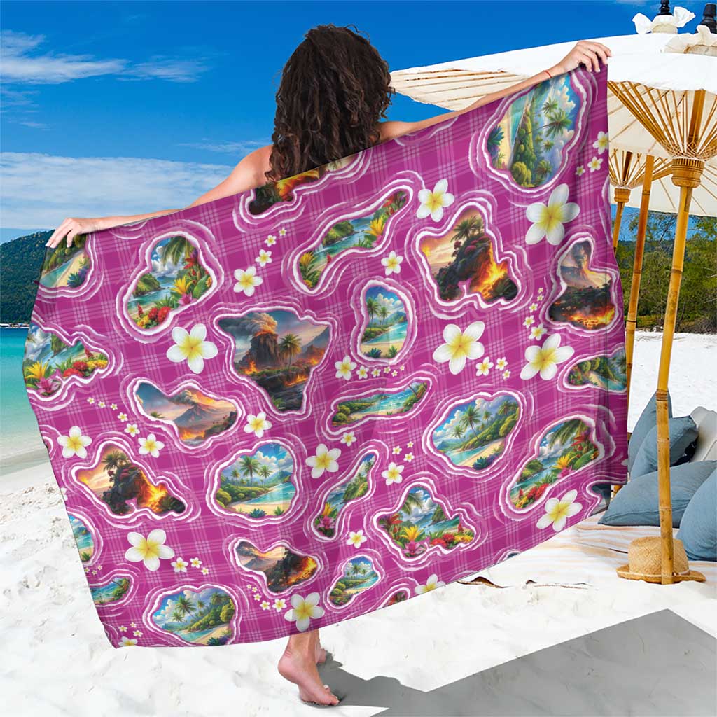 Hawaiian Island Shapes-Iconic Landscape Sarong with Plumeria and Palaka Pink Color