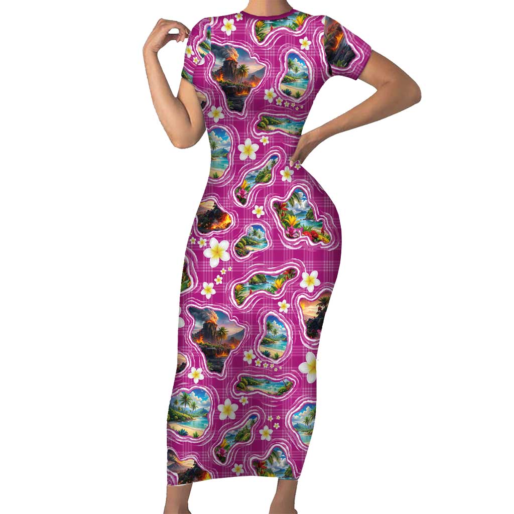 Hawaiian Island Shapes-Iconic Landscape Short Sleeve Bodycon Dress with Plumeria and Palaka Pink Color