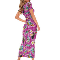 Hawaiian Island Shapes-Iconic Landscape Short Sleeve Bodycon Dress with Plumeria and Palaka Pink Color