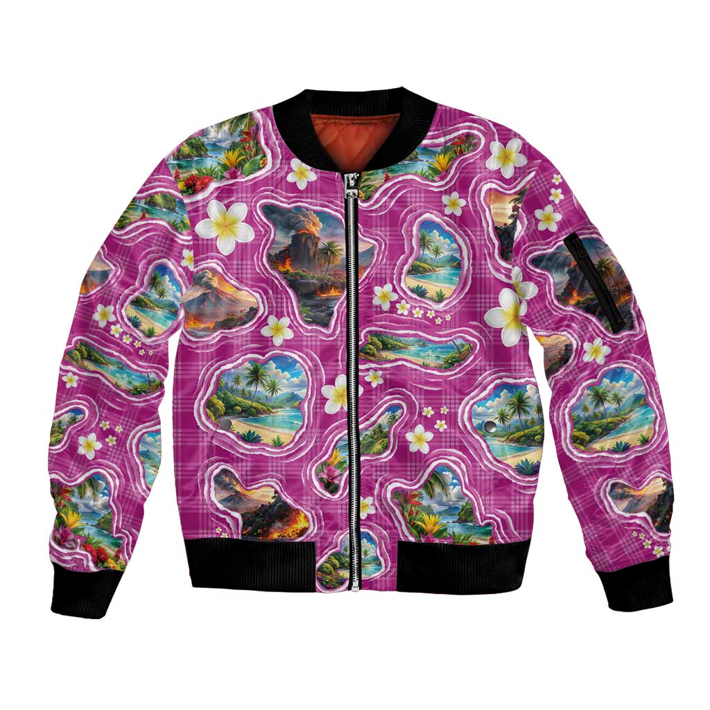 Hawaiian Island Shapes-Iconic Landscape Sleeve Zip Bomber Jacket with Plumeria and Palaka Pink Color