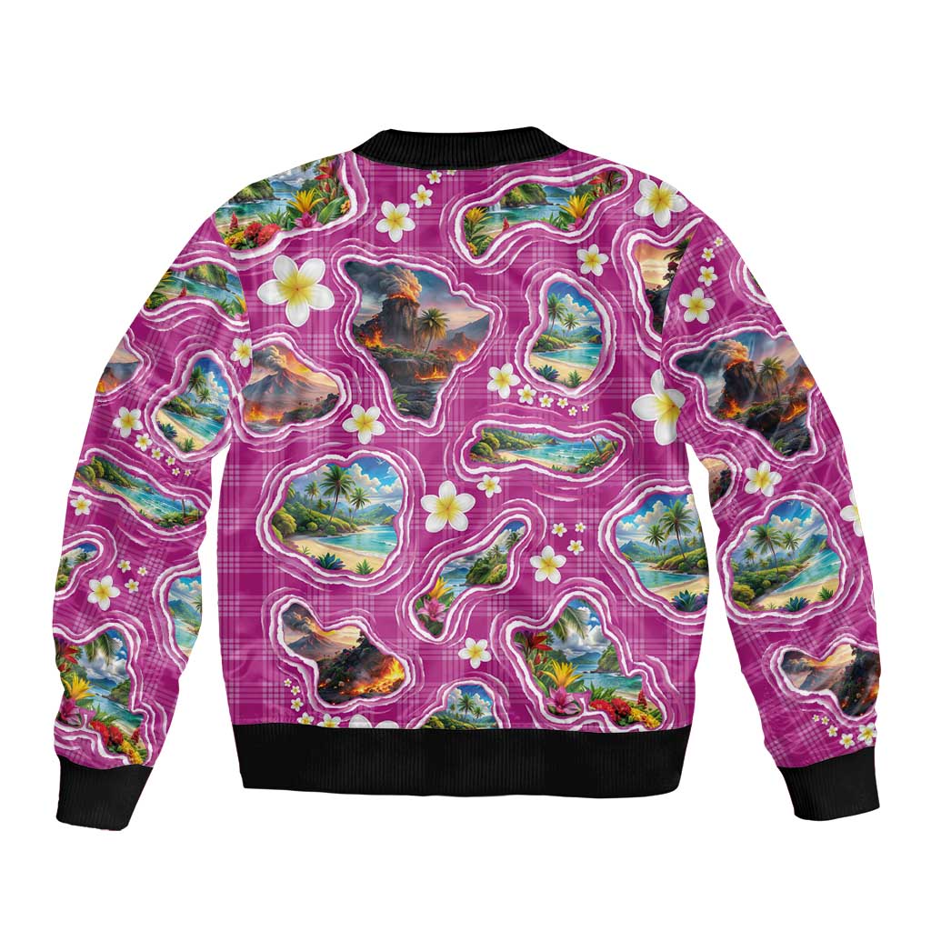 Hawaiian Island Shapes-Iconic Landscape Sleeve Zip Bomber Jacket with Plumeria and Palaka Pink Color