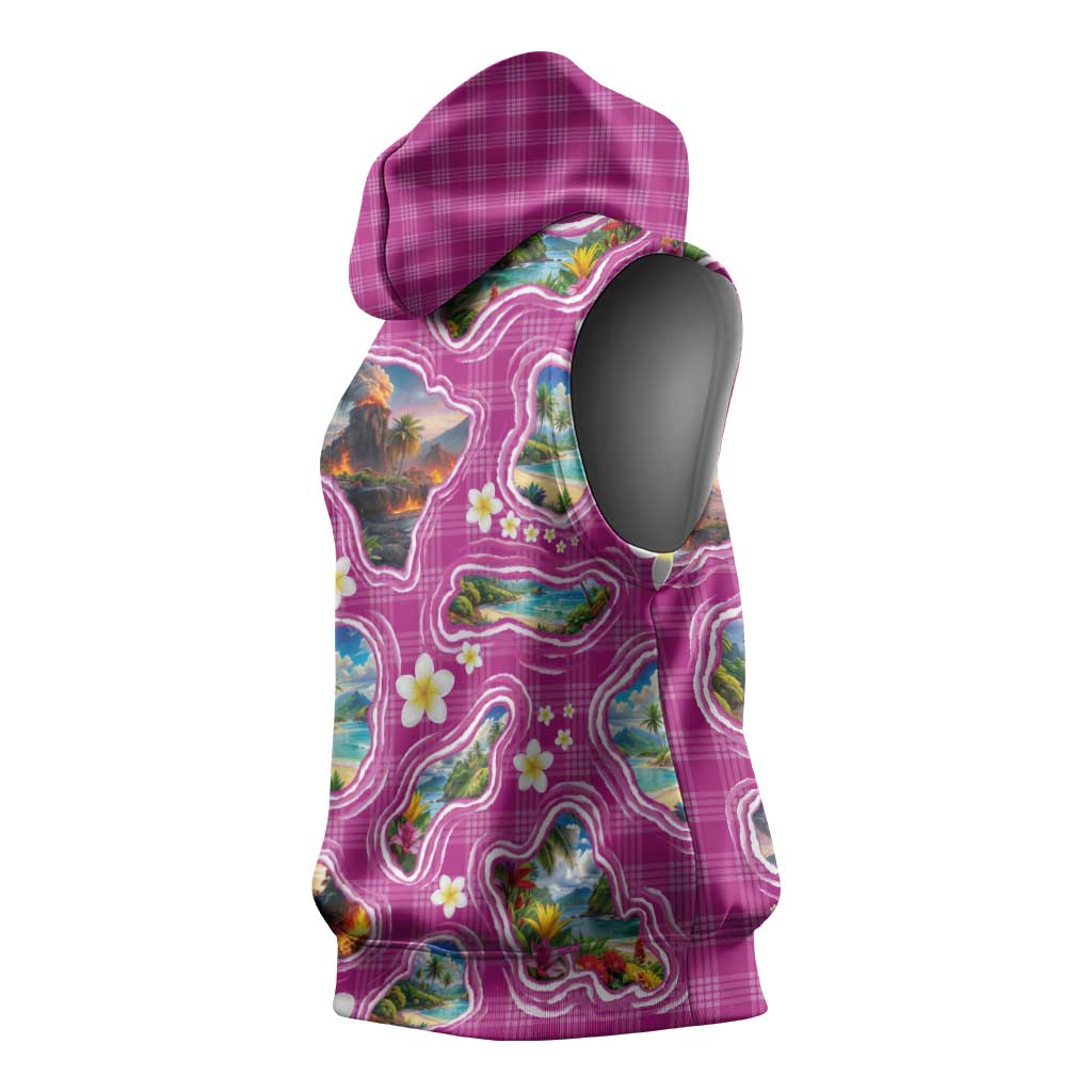 Hawaiian Island Shapes-Iconic Landscape Sleeveless Hoodie with Plumeria and Palaka Pink Color