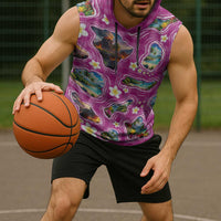 Hawaiian Island Shapes-Iconic Landscape Sleeveless Hoodie with Plumeria and Palaka Pink Color