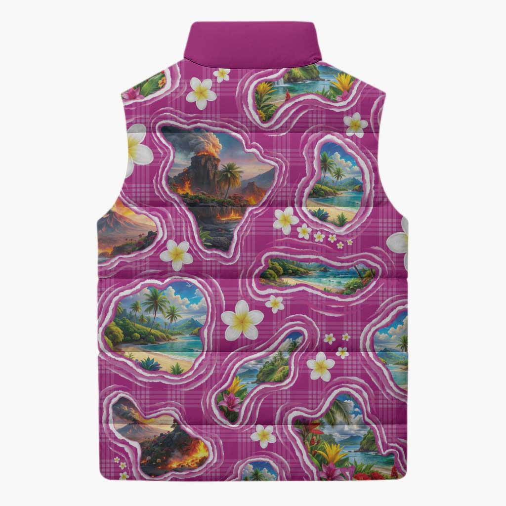 Hawaiian Island Shapes-Iconic Landscape Sleeveless Puffer Jacket with Plumeria and Palaka Pink Color