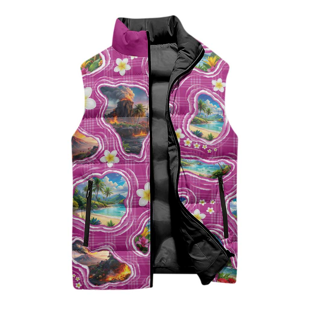 Hawaiian Island Shapes-Iconic Landscape Sleeveless Puffer Jacket with Plumeria and Palaka Pink Color