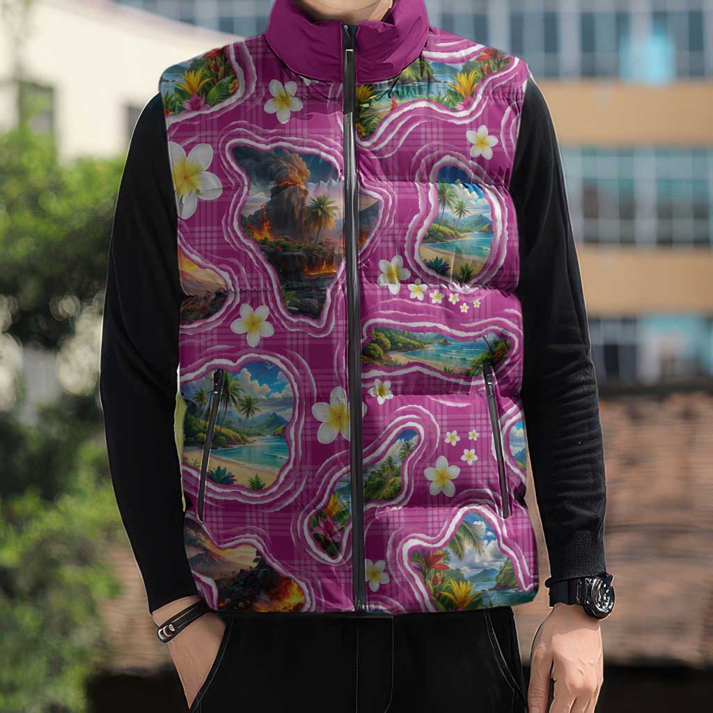 Hawaiian Island Shapes-Iconic Landscape Sleeveless Puffer Jacket with Plumeria and Palaka Pink Color