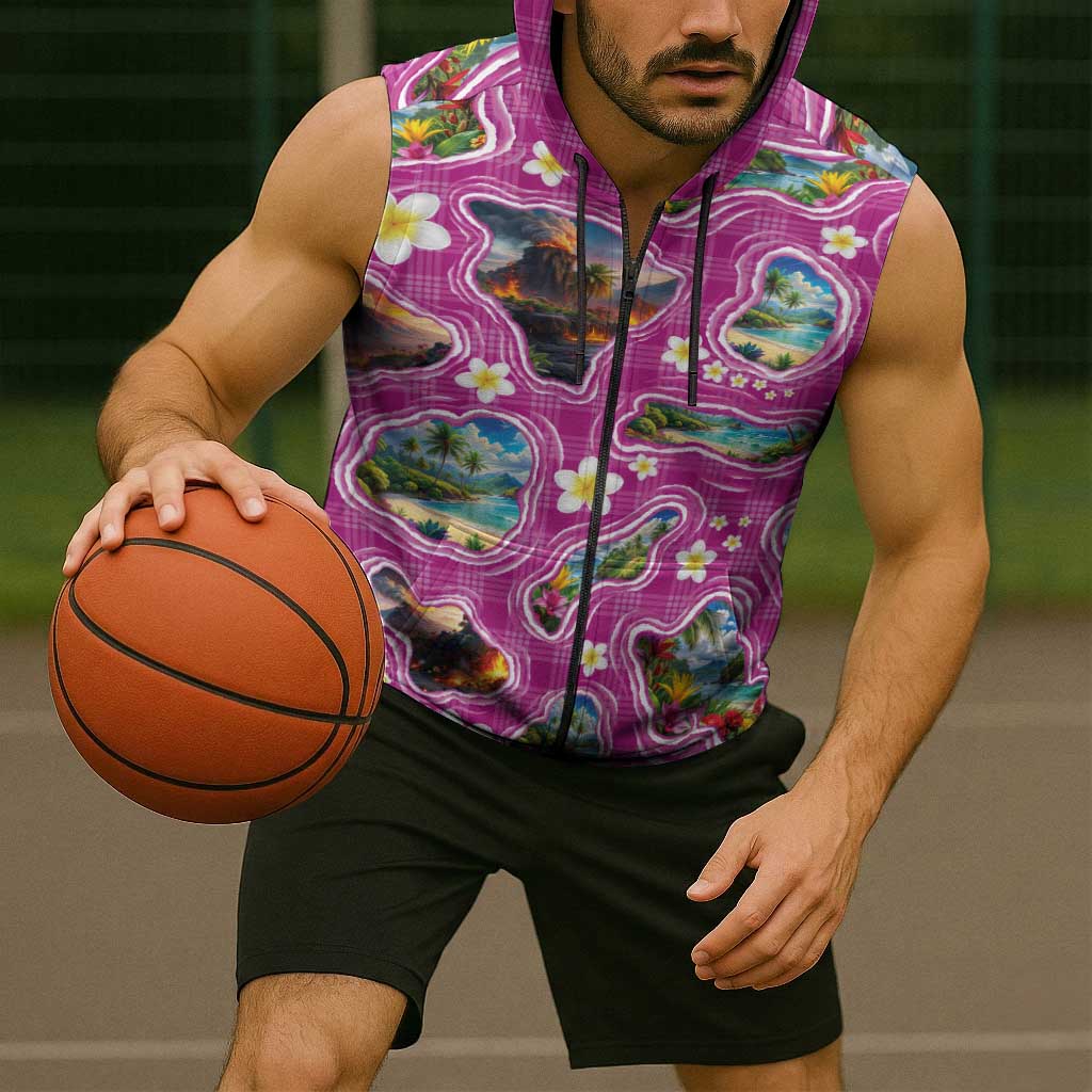 Hawaiian Island Shapes-Iconic Landscape Sleeveless Zip Hoodie with Plumeria and Palaka Pink Color