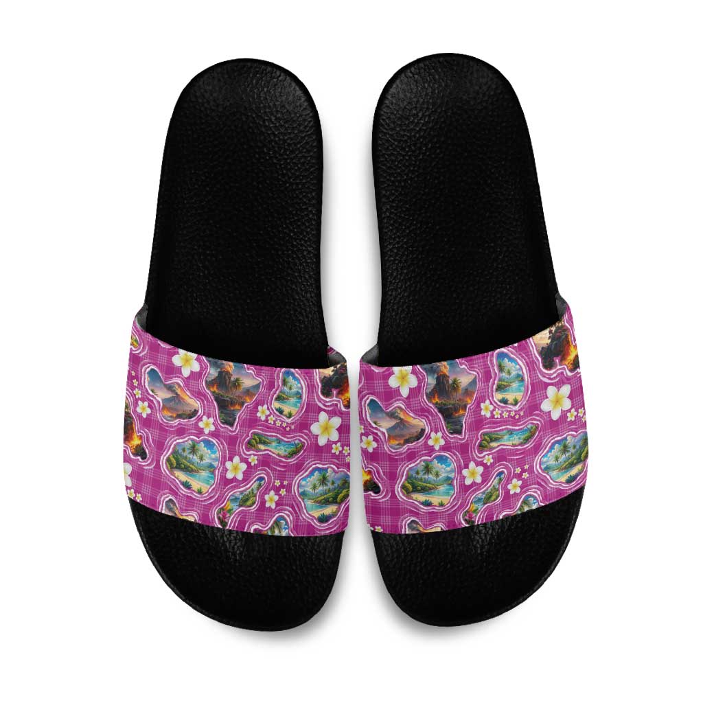 Hawaiian Island Shapes-Iconic Landscape Slide Sandals with Plumeria and Palaka Pink Color LT03 Pink - Polynesian Pride