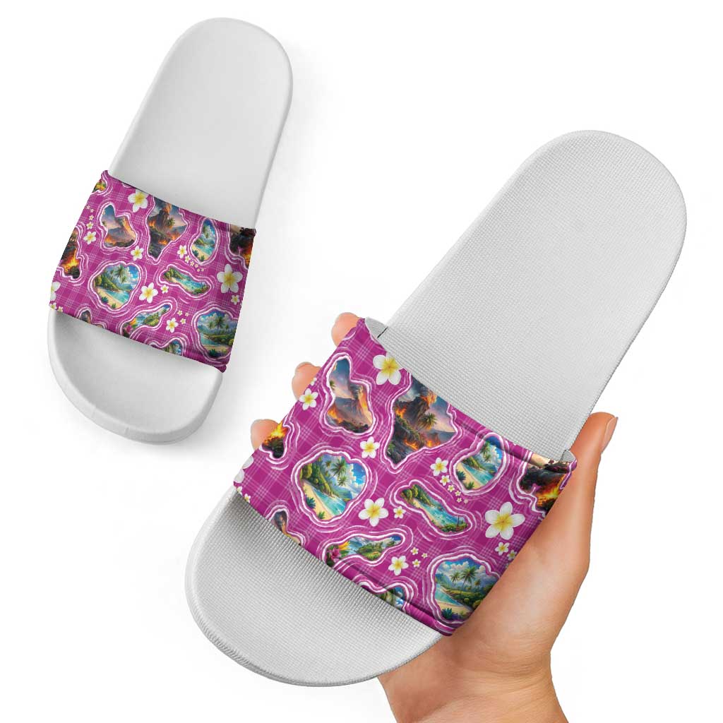 Hawaiian Island Shapes-Iconic Landscape Slide Sandals with Plumeria and Palaka Pink Color LT03 - Polynesian Pride