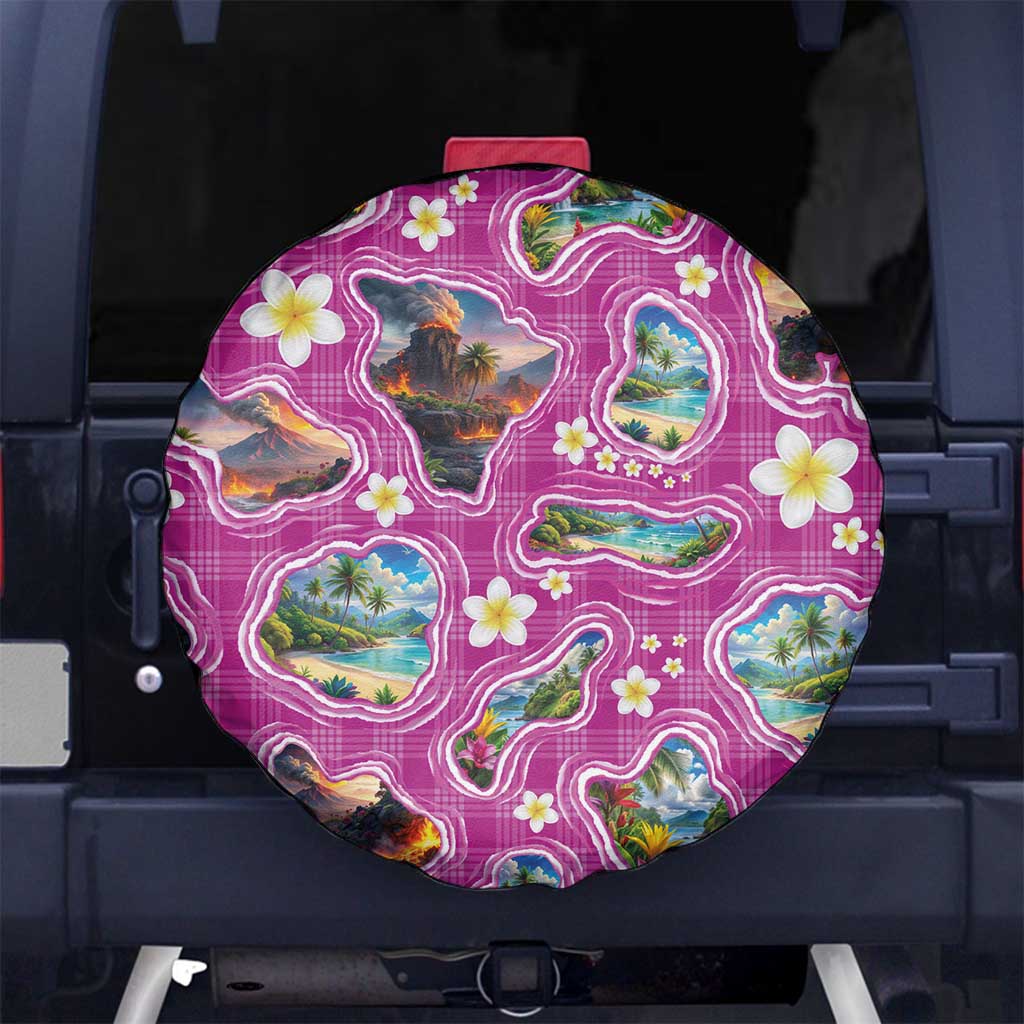 Hawaiian Island Shapes-Iconic Landscape Spare Tire Cover with Plumeria and Palaka Pink Color