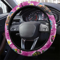 Hawaiian Island Shapes-Iconic Landscape Steering Wheel Cover with Plumeria and Palaka Pink Color