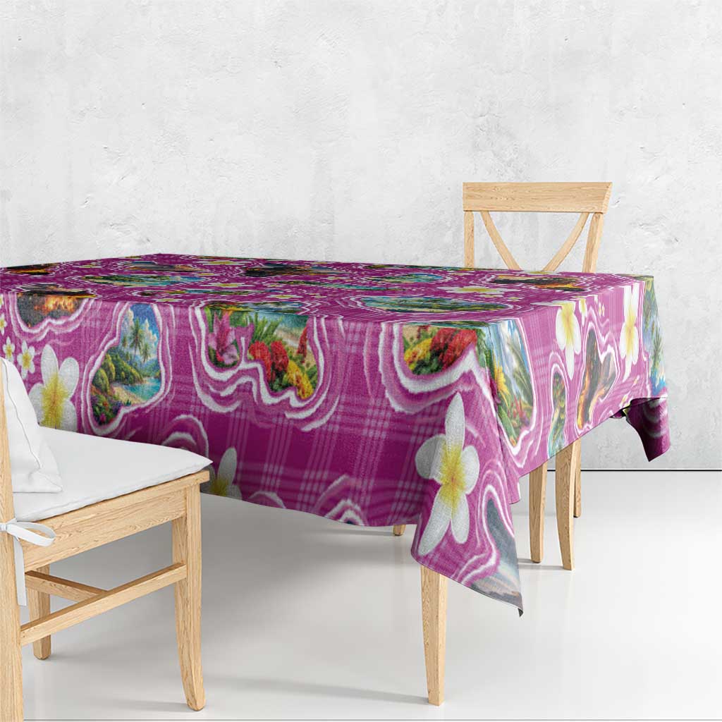 Hawaiian Island Shapes-Iconic Landscape Tablecloth with Plumeria and Palaka Pink Color