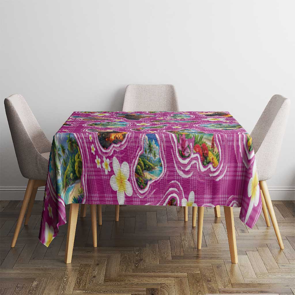 Hawaiian Island Shapes-Iconic Landscape Tablecloth with Plumeria and Palaka Pink Color