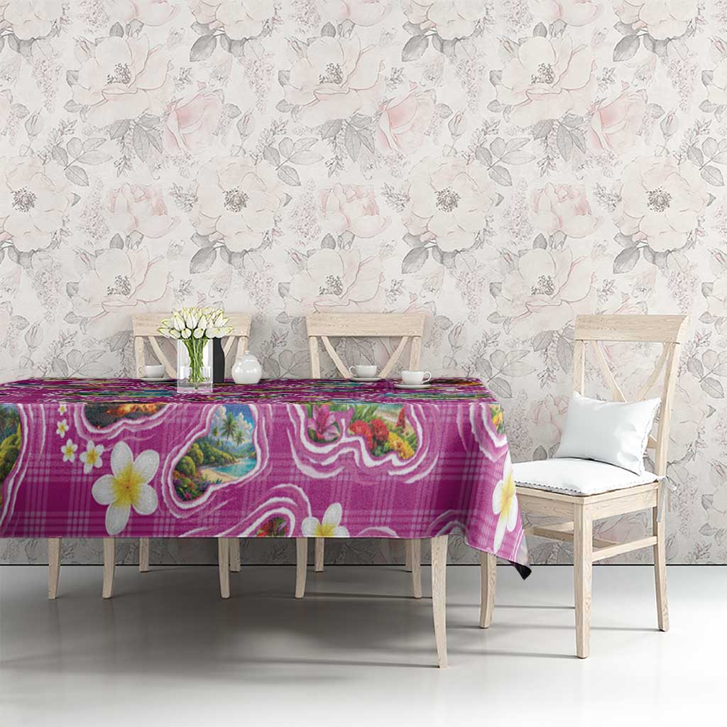 Hawaiian Island Shapes-Iconic Landscape Tablecloth with Plumeria and Palaka Pink Color