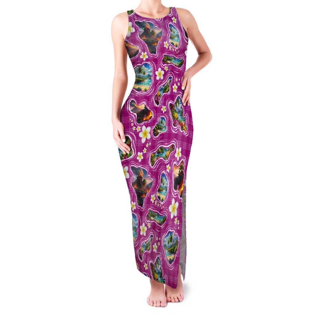 Hawaiian Island Shapes-Iconic Landscape Tank Maxi Dress with Plumeria and Palaka Pink Color