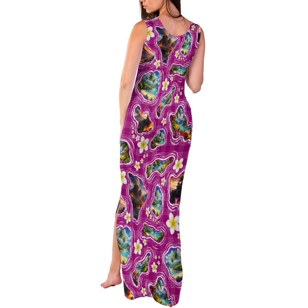 Hawaiian Island Shapes-Iconic Landscape Tank Maxi Dress with Plumeria and Palaka Pink Color