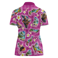 Hawaiian Island Shapes-Iconic Landscape Women Polo Shirt with Plumeria and Palaka Pink Color