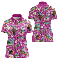 Hawaiian Island Shapes-Iconic Landscape Women Polo Shirt with Plumeria and Palaka Pink Color