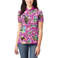 Hawaiian Island Shapes-Iconic Landscape Women Polo Shirt with Plumeria and Palaka Pink Color