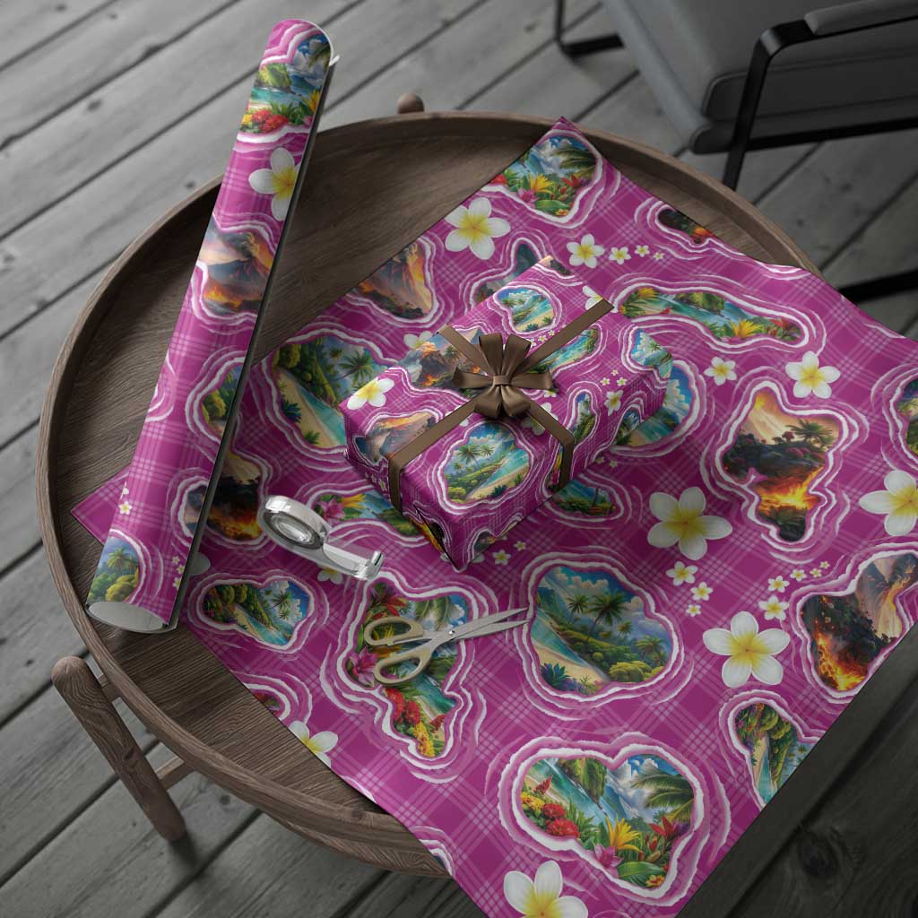 Hawaiian Island Shapes-Iconic Landscape Wrapping Paper with Plumeria and Palaka Pink Color