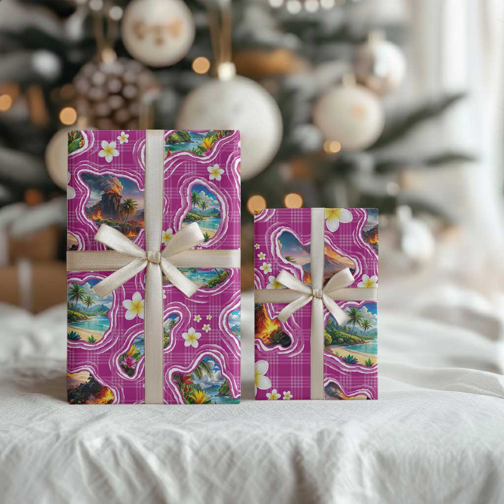 Hawaiian Island Shapes-Iconic Landscape Wrapping Paper with Plumeria and Palaka Pink Color